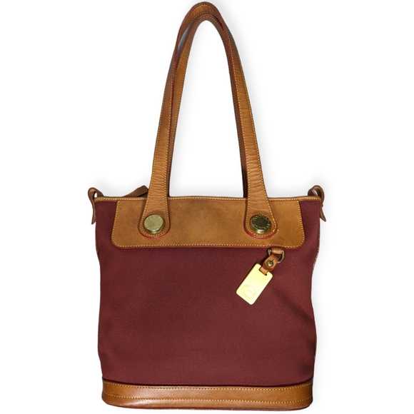 Dooney & Bourke Handbags - Dooney Bourke Tote Bag Canvas & Leather Vintage 1970s Cranberry Red Tan Leather